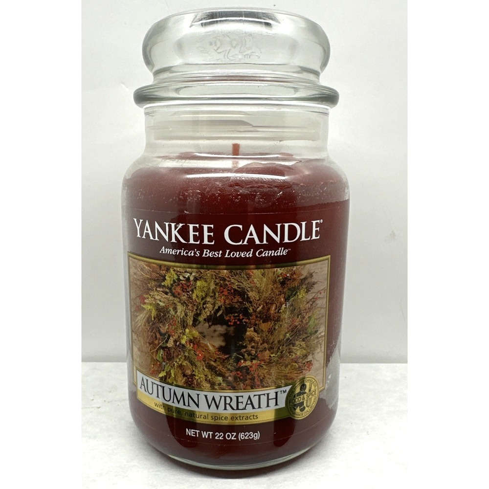 Yankee Candle AUTUMN WREATH Large 22oz Jar Fall Apple Food Spice White Label New